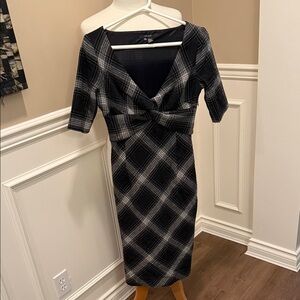 Zara Black and Gray Checkered Midi Dress